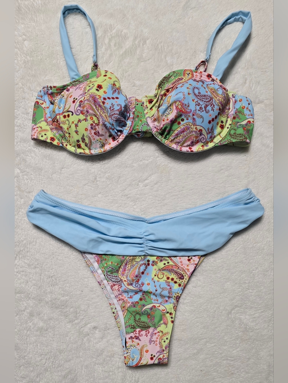 2pc Blue Pink Swim Bikini Set Size L Large NEW Push Up Bra Top Swimsuit Floral - Picture 2 of 8